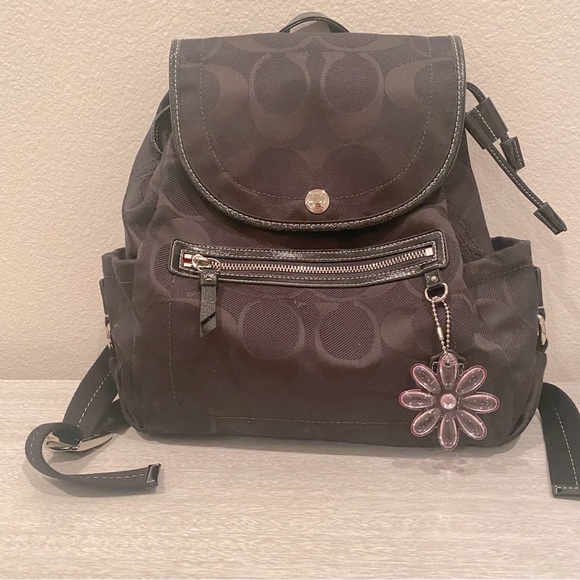 COACH Black Signature Backpack/Purse with flower charm - Picture 1 of 5